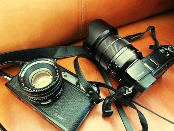 Close-up of camera on table