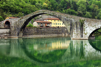 Arch bridge over lake against trees