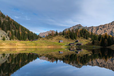 Scenic view of lake by trees against sky