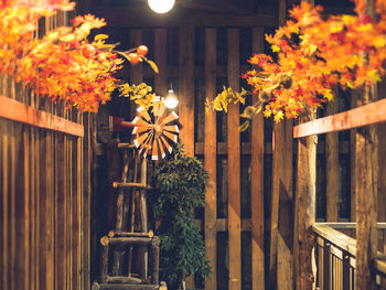 Flowers on illuminated street light by building