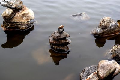 High angle view of rocks in lake