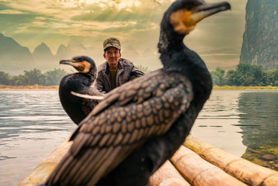 Man sitting by birds on boat in lake against sky during sunset