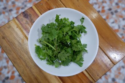 High angle view of salad in bowl on table