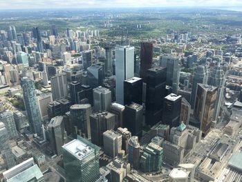 High angle view of modern buildings in city