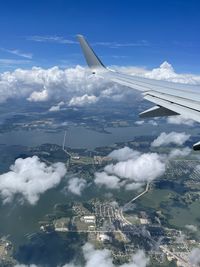 Aerial view of airplane flying in sky