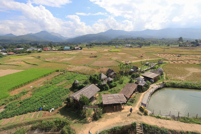 High angle view of agricultural field against sky