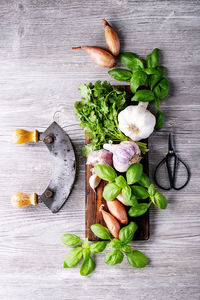 High angle view of chopped vegetables on table