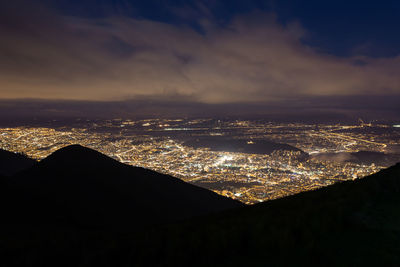 Aerial view of city against sky at night