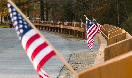 Close-up of flags against wood