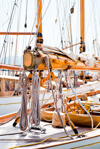 Rigging ropes on sailboat at harbor