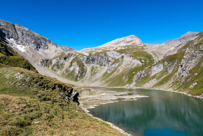 Scenic view of lake and mountains against clear blue sky