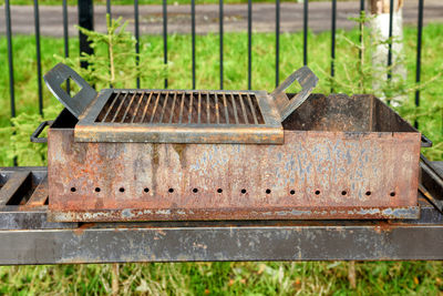 Picnic area with barbecue grill. barbecue close-up. country holidays.