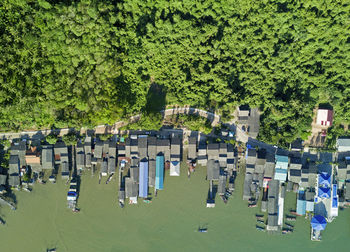 Top view aerial photo from flying drone of fishing village, chumporn, thailand, southeast asia. 