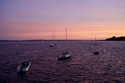 Moored sailboats in a new england cove - facing into a rose quartz sunset.