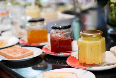 Close-up of breakfast served on table