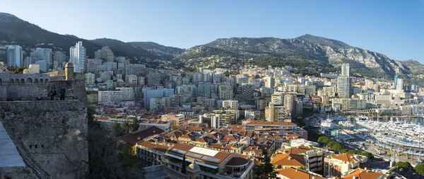 High angle view of buildings in city against clear sky