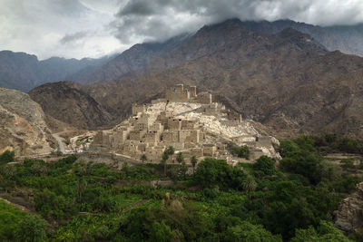 Scenic view of mountains against cloudy sky