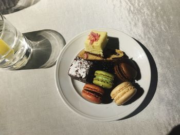 High angle view of breakfast served on table