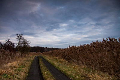 Empty road amidst field against sky