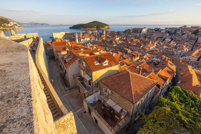 Old walls and towers in the historic old town of dubrovnik, croatia