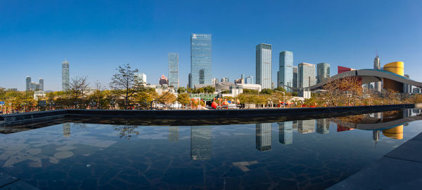 Reflection of buildings in swimming pool against sky