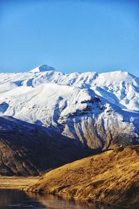 Scenic view of snowcapped mountains against clear sky