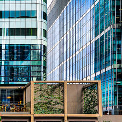 Low angle view of modern glass building in city