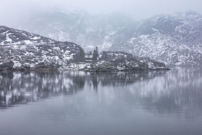 Scenic view of lake by snowcapped mountains during winter