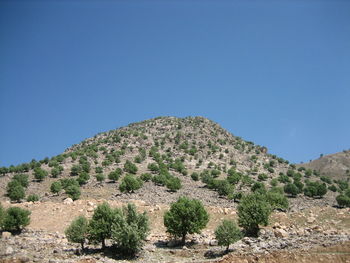 Scenic view of mountains against clear blue sky