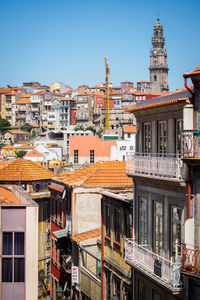 Aerial view over rooftops and church of the clerigos in porto, portugal