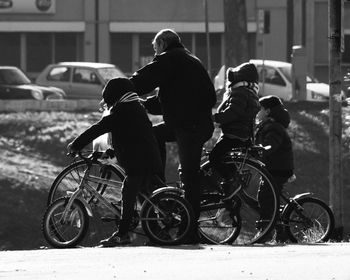 Bicycles parked on street in city