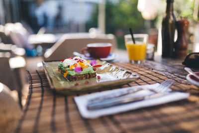 Close-up of food in tray on table