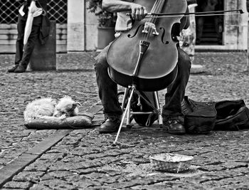 Low section of man playing cello with dog on footpath