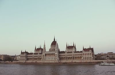 Hungarian parliament building and river against clear sky