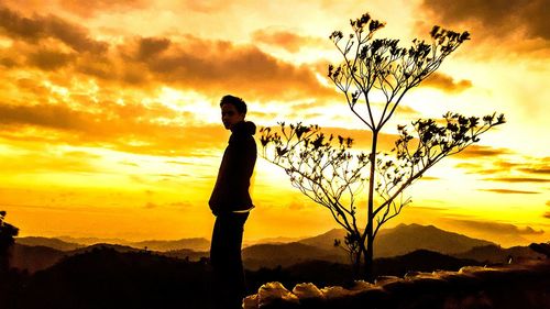 Silhouette of man on tree against sunset sky