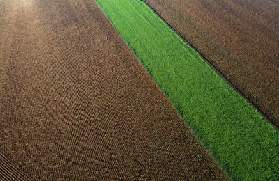 Austria, upper austria, drone view of green and brown fields