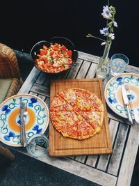 High angle view of pizza on table