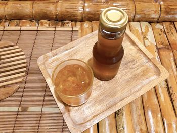 High angle view of beer in glass on table