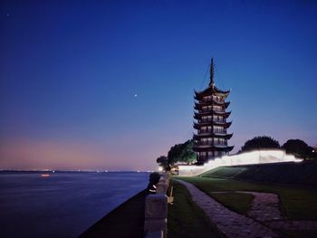 Temple by building against clear blue sky