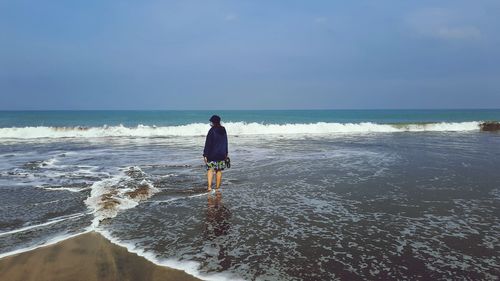 Rear view of man on beach against sky