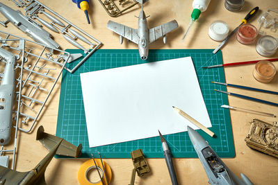 High angle view of equipment on table