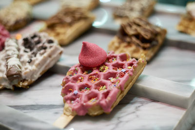 Close-up of dessert on cutting board