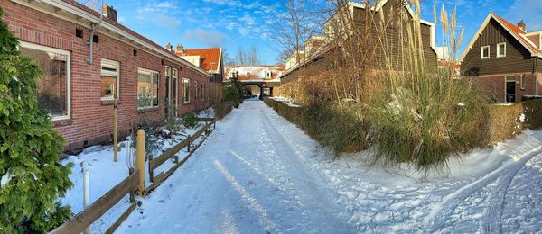 Snow covered road amidst trees and buildings against sky