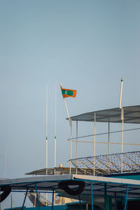 Low angle view of sailboat against clear sky