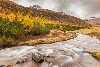 Scenic view of stream flowing by mountain against sky