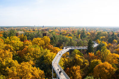 High angle view of footbridge amidst trees against sky during autumn