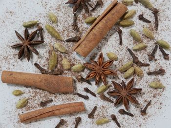 High angle view of various spices on table