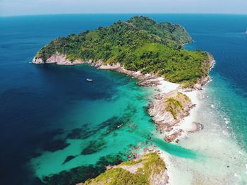 High angle view of bay against clear sky