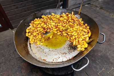 High angle view of yellow food on table