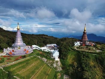 High angle view of temple against cloudy sky